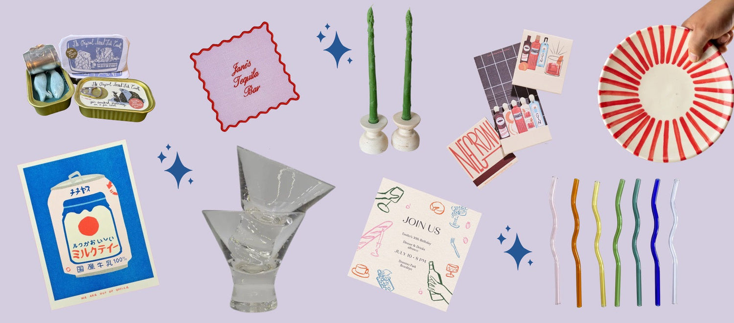 Collage of gift items such as plates and candles for dinner party enthusiast