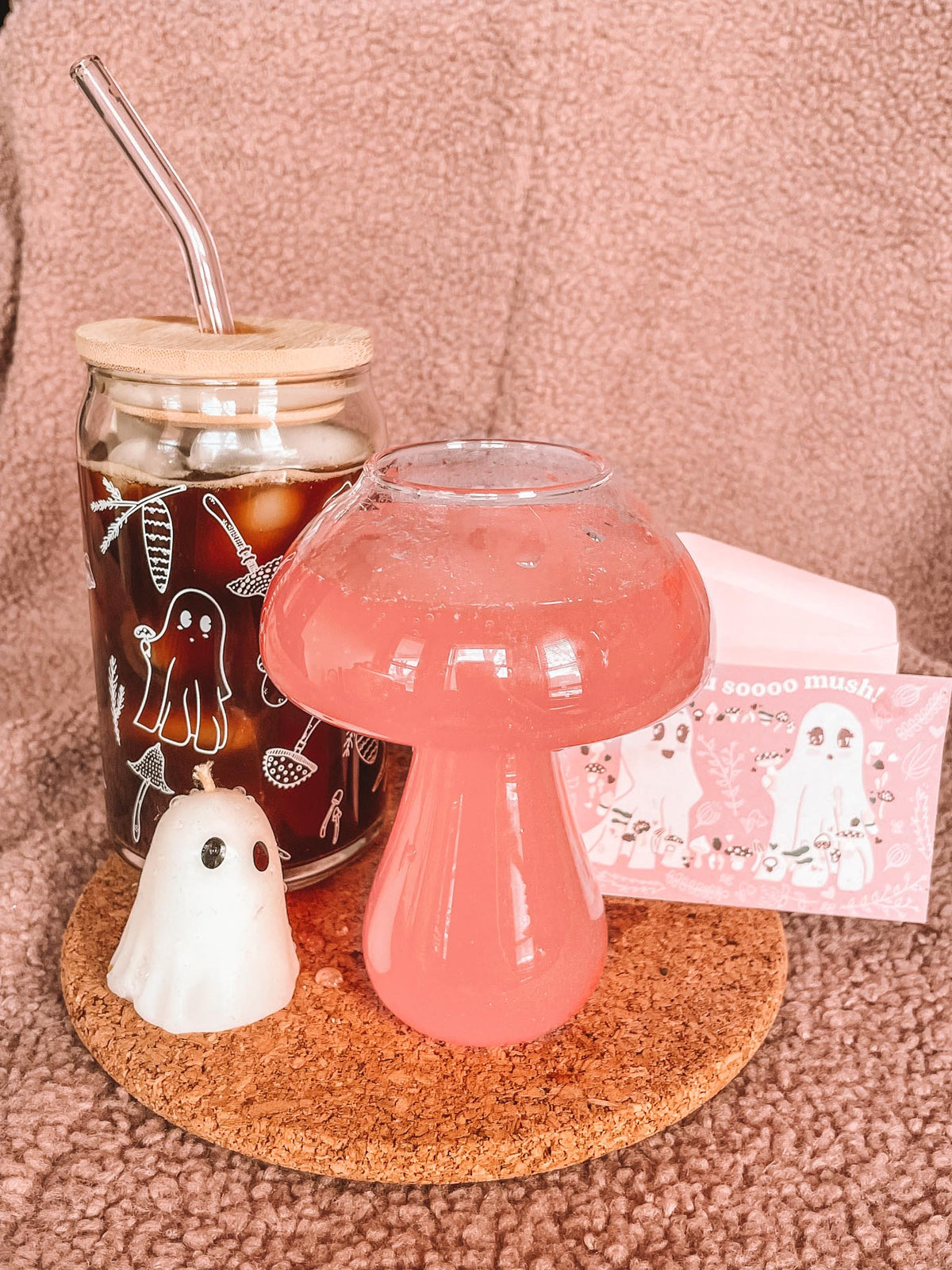 Mushroom shaped glass, ghost and mushroom can shaped glass, ghost valentines.